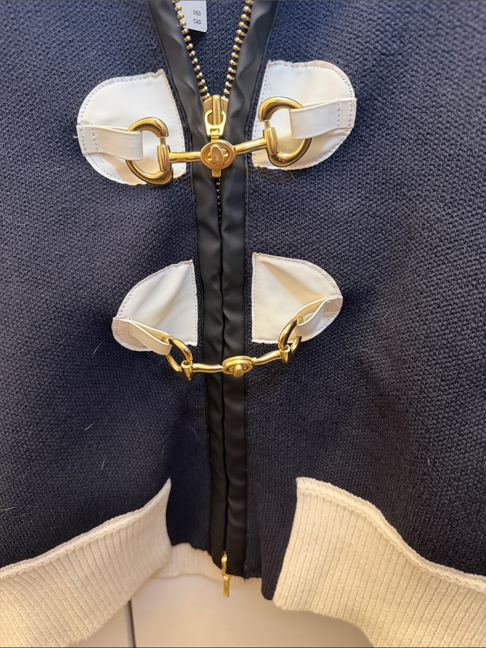 Maeve Black/Navy Knit Bomber Jacket with White Contrast Trim - Picture 3 of 5